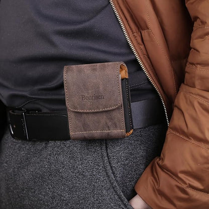 Universal Phone Holster Phone Pouch Case Belt Clip Belt Loops Card Slot Faux Leather for Man for Samsung Galaxy Z Flip 5/4/3 Motorola Razr Plus Razr+ 2023 (Brown&Yellow, XS(3.7"x3.1"x1.1"))