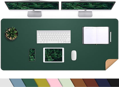 AFIING Leather Desk pad Protector, Large Non-Slip Office Desk Mat with Natural Cork & PU Leather, Waterproof Writing Mouse Pad for Office and Home (55in*17in,Dark Green)