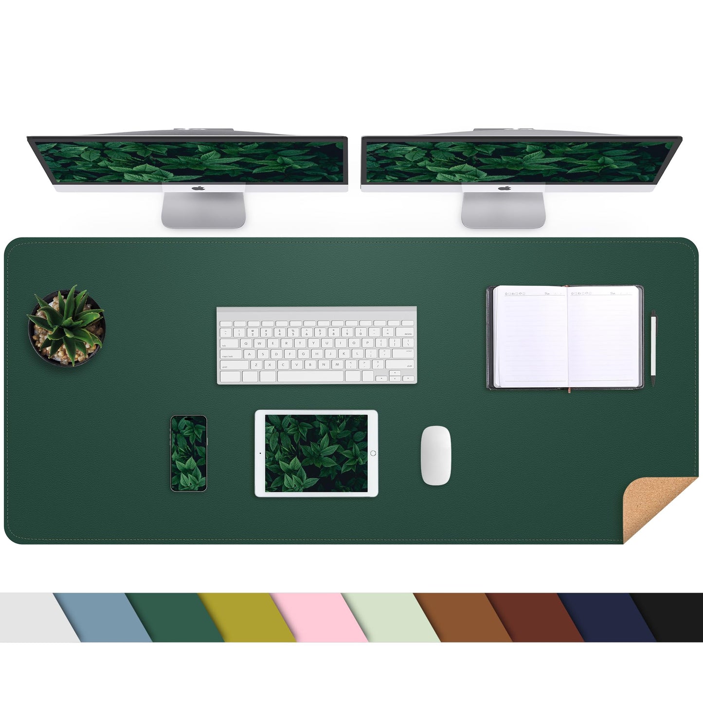AFIING Leather Desk Pad Protector, Large Desk Mat with Natural Cork & PU Leather, Mouse Pad, Non-Slip, Waterproof Desk Writing Pad for Office and Home (Dark Green)