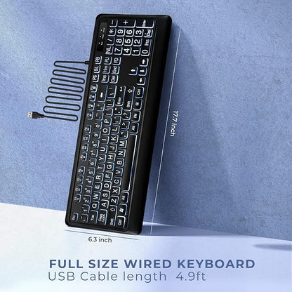 Large Print Backlit Keyboard, USB Wired Computer Keyboard, Full Size Keyboard with White Illuminated LED Compatible for Windows Desktop, Laptop, PC, Gaming, Black