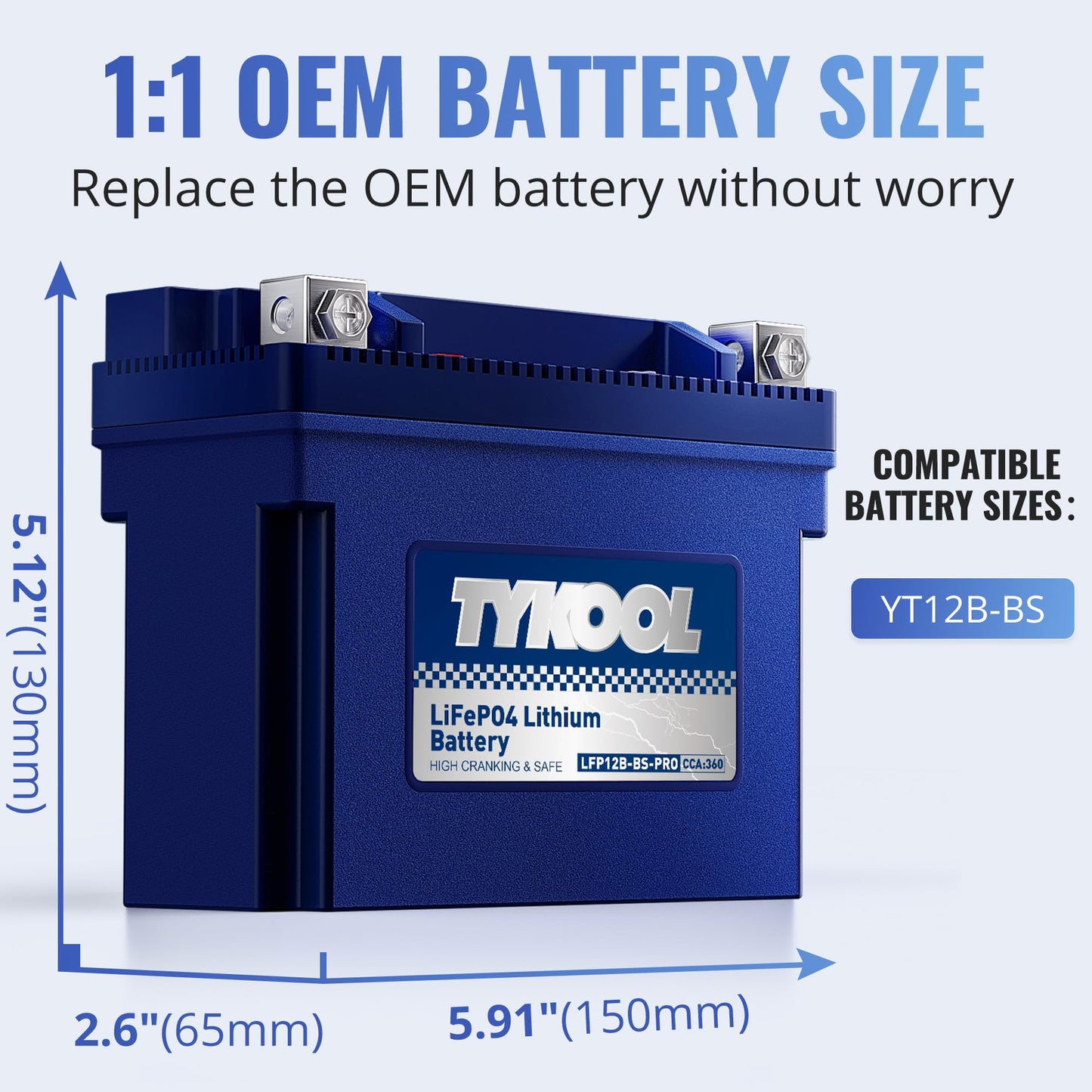 TYKOOL LFP12B-BS-PRO Lithium Battery, Replaces YT12B-BS YT12B-4, 360CCA 6Ah Fits for Motorcycle Scooter ATV, Compatible with Ducati Superbike Monster Multistrada Yamaha R1 FZ6 Kawasaki ZX10R, [+ -]