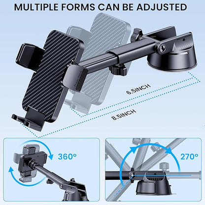 Phone Holder Car [Military Grade Suction Ultra Strong Base] Cell Phone Car Holder 3 in 1 Dashboard Windshield Air Vent Hands-Free for iPhone Android Phones