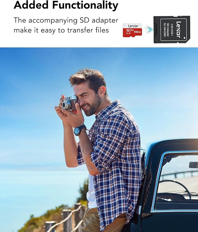 Lexar E-Series 512GB Micro SD Card, microSDXC UHS-I Flash Memory Card with Adapter, 100MB/s, C10, U3, A1, V30, Full HD, 4K UHD, High Speed TF Card