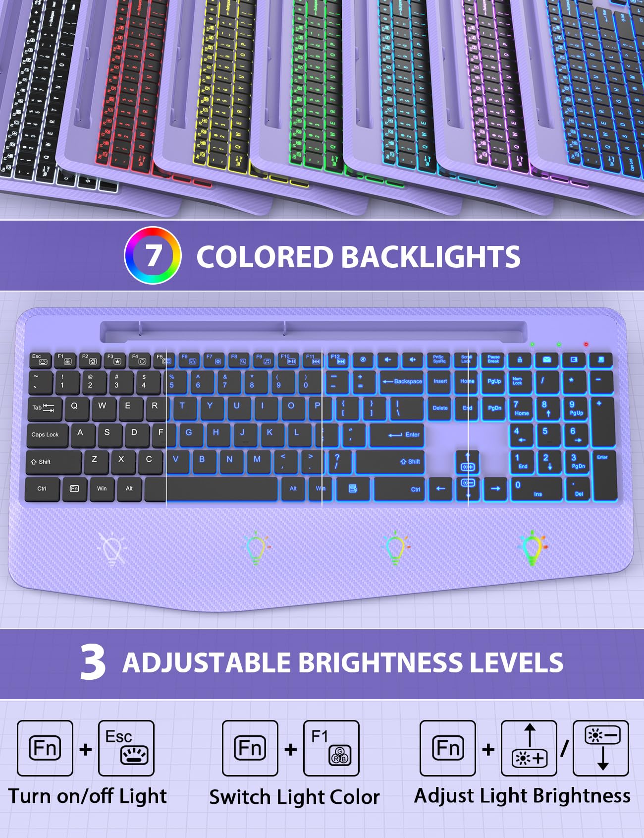 Wireless Keyboard and Mouse Backlits, Wrist Rest, LED Mouse, Rechargeable Ergonomic Keyboard with Phone Holder, Silent Light Up Combo for Computer, Mac, PC, Laptop, Chromebook (Purple)