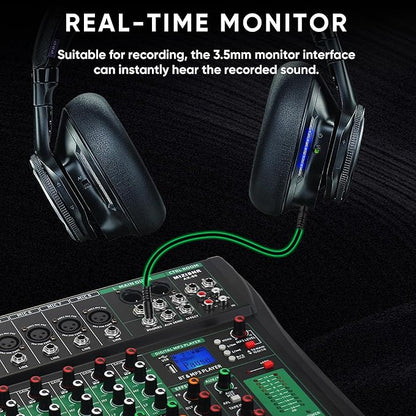 8 Channel Audio Mixer, Professional DJ Mixer Board Sound Music Mixing Console Digital Mixer with Reverb, Bluetooth, USB Port, 48V Phantom Power for Recording Karaoke Podcasting