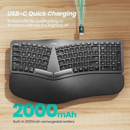 Nulea RT05 Wireless Ergonomic Keyboard, Split Keyboard with Wrist Rest, USB-C Charging, 7-Color Backlight, Natural Typing, Bluetooth and USB Connectivity, Compatible with Windows,Mac