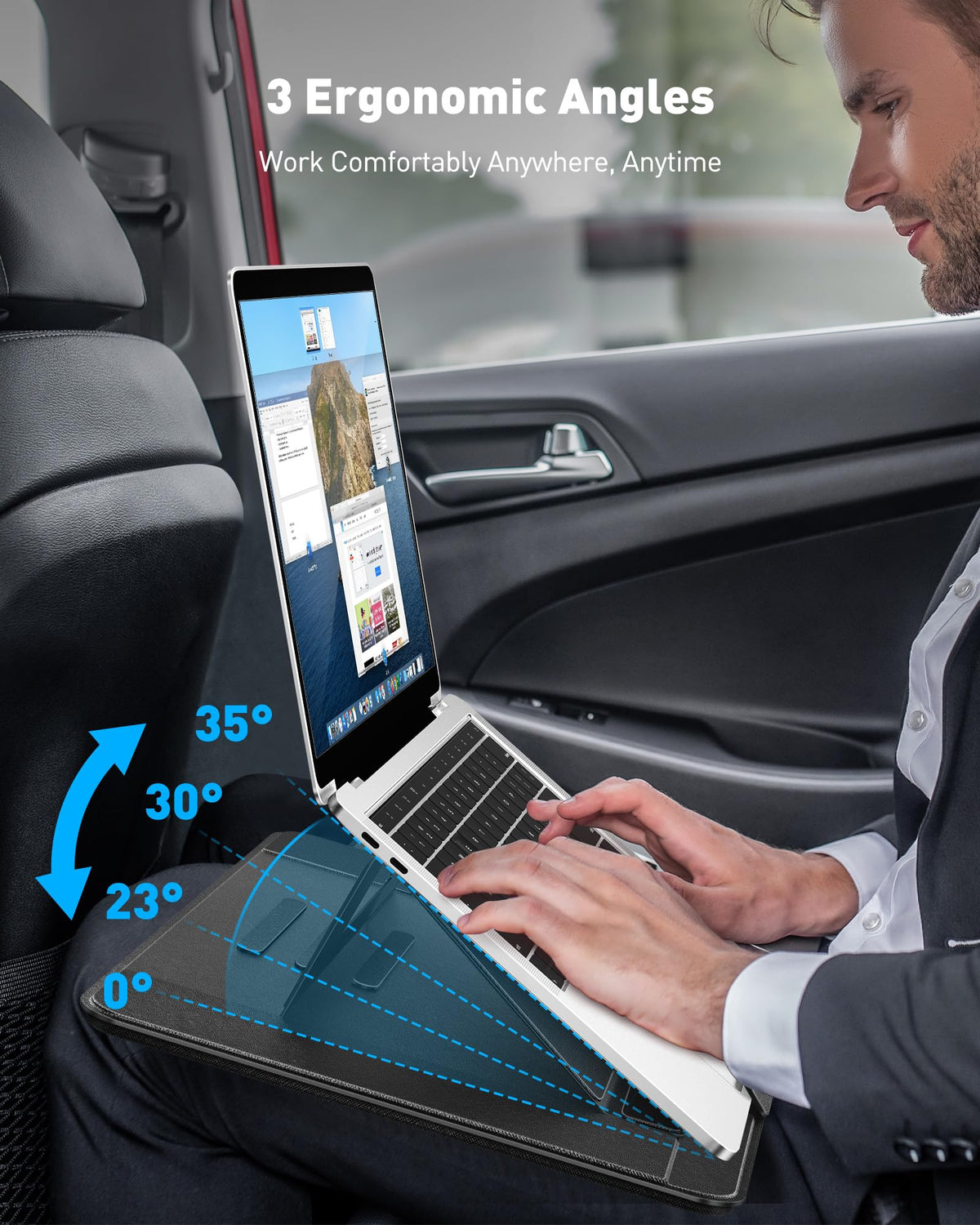 AboveTEK Adjustable Laptop Lap Desk, 3 Ergonomic Angles, PU Leather Non-Slip Surface, Heat Shield, Retractable Mouse Pad, Portable Laptop Lap pad Workstation for Bed, Sofa, Travel