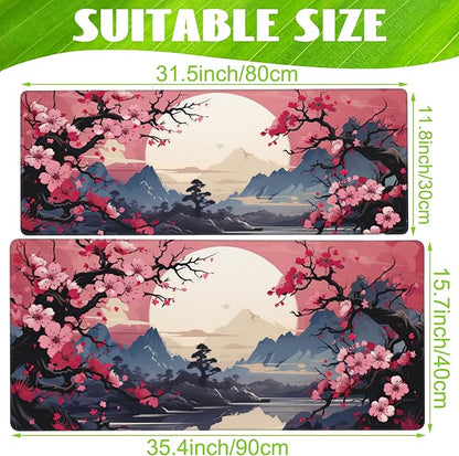 Desk Pad,Pink Cherry Blossom Tree Desk Mat,Mountains and Sun Large Gaming Mouse Pad for Desk,Extended Big Computer Keyboard Mouse Pad with Non-Slip Base and Stitched Edge,35.4"x15.7"