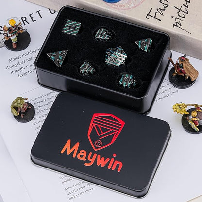 Metal Stripe Dice,Solid Metallic Glitter Stripes DND Dice with Gift Metal Box for Dungeons and Dragons Tabletop Game (Black Nickel Dark Green)