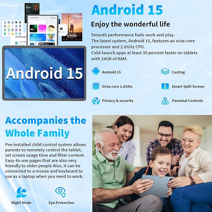 Android 15 Tablet, 11 inch Tablet with Keyboard, 24GB+128GB, 1TB Expand, Octa-Core, 2.4G/5G WiFi, 8000mAh, BT V5.0, GMS Certified, IPS Touch Screen, GPS, 2 in 1 with Case, Mouse, Stylus(Black)