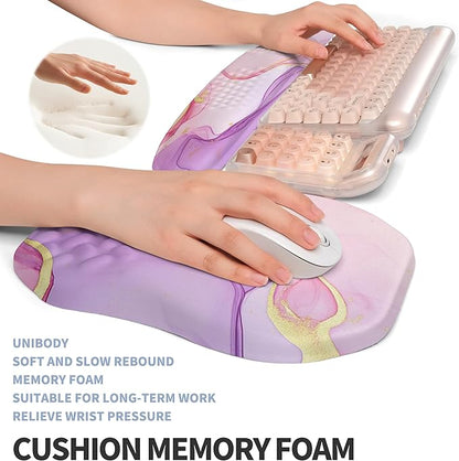 2-in-1 Ergonomic Set, Wave Keyboard Wrist Rest and Massage Slope Mouse Pad Wrist Support, Rebound Memory Foam for Relieve Carpal Tunnel Syndrome and Wrist Pain (Pink Purple Marble)