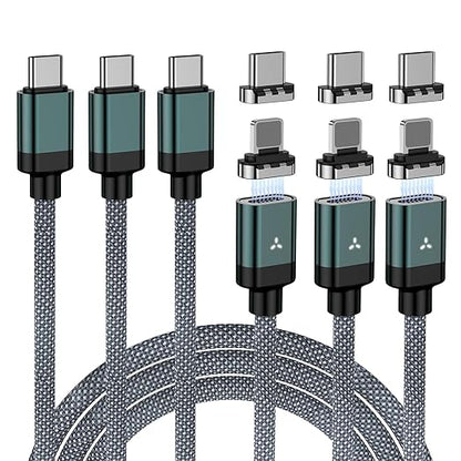 ZBF 100W USB C Magnetic Charging Cable, 2 in 1 Charger Cable for Type C(3 Pack, 4/6.6/6.6FT) 480Mbps Data Transfer, 5A Fast Charging for Phone 17 16 15,14,13 Pro Max, MacBook Pro,Pad,Galaxy S22,Pixel