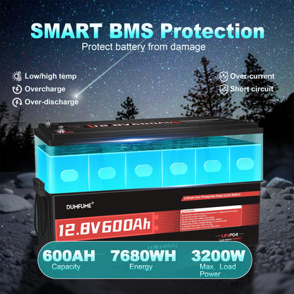 12V 600Ah LiFePO4 Lithium Battery Built-in 200A BMS 10000+ Deep Cycle 7200Wh Deep Cycle Lithium Iron Phosphate Battery Perfect for RV, Solar System, Off Grid, Home Energy Storage