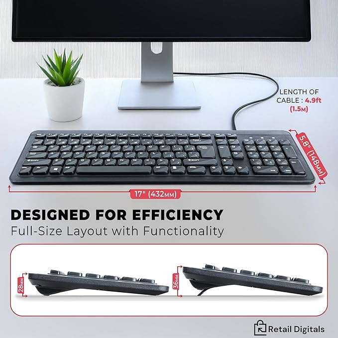 Wired USB Keyboard | Full-Sized | Ergonomic | Soft Typing | QWERTY Layout | Black
