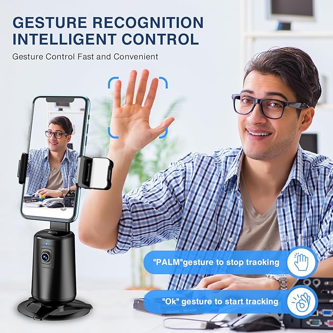 Auto Face Tracking Tripod 360° Rotating Cell Phone Photo and Video Kits Stand, No App, Camera Stand with Remote and Gesture Control, Rechargeable Smart Shooting Stand for Live Recording Tiktok（Black）