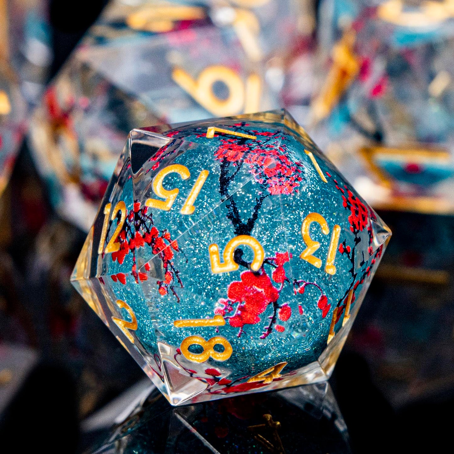ORIFANTOU Plum Blossom DND Dice Blue Liquid Core Dice Set with Metal Box, Handmade Sharp Edge Dice D and D Polyhedral Dice for use with D&D RPG Role Playing Game ﻿