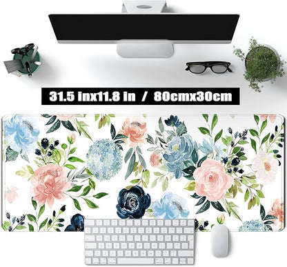 Gaming Green Desk Mat Desk Mouse Pads Purple Blue Pink Floral Mouse Pad Large, XL Big Computer Keyboard Mouse Mat Desk Pad Mat with Stitched Edge for Women Home Office Decor Deskmat 31.5x11.8 in