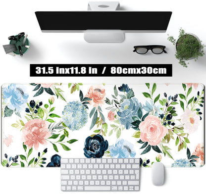 Gaming Green Desk Mat Desk Mouse Pads Purple Blue Pink Floral Mouse Pad Large, XL Big Computer Keyboard Mouse Mat Desk Pad Mat with Stitched Edge for Women Home Office Decor Deskmat 31.5x11.8 in