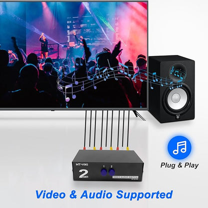 MEIRIYFA 2 Way AV RCA Switcher Splitter 2 in 1 Out, 2 Port AV RCA Switch 2-in-1 Composite Video L/R Audio Switcher Selector Box for DVD Player, Game Consoles TV Monitor Projector