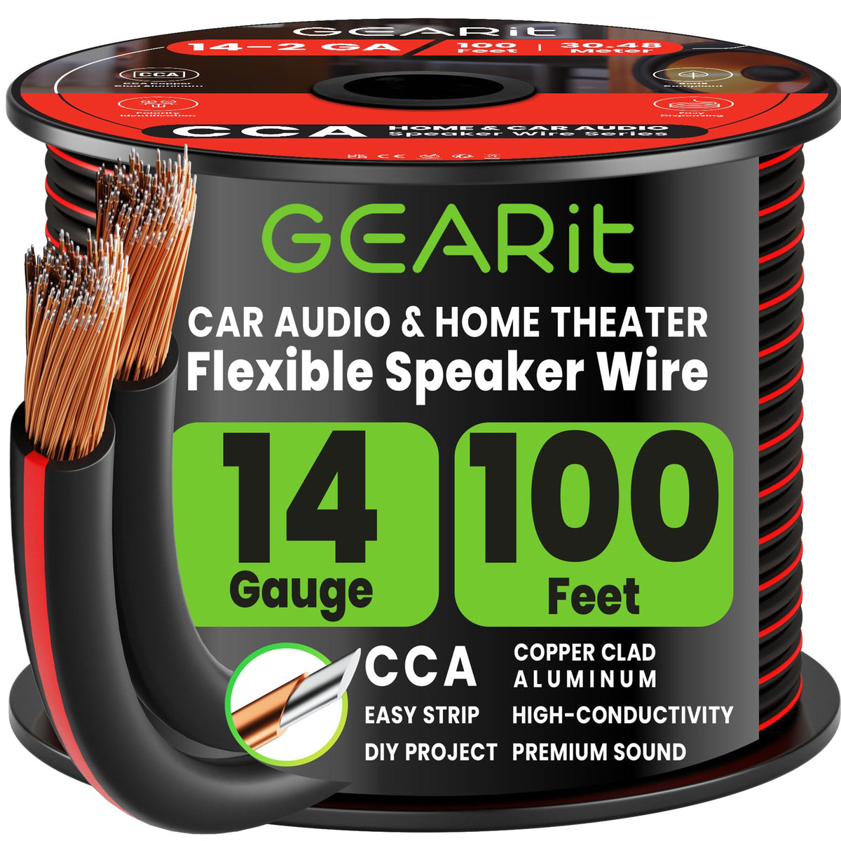 GEARit 14 Gauge Speaker Wire 100FT,14/2 Speaker Cable for Home & Car Audio