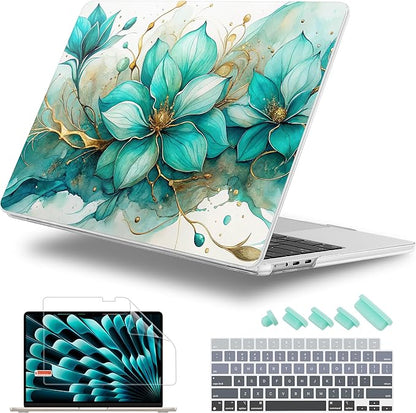 Case for MacBook Air 15 Inch 2025 2024 2023 Release M4 A3241 M3 A3114 M2 A2941, Hard Shell with Screen Protector & Keyboard Cover, Compatible with Touch ID, Green Floral