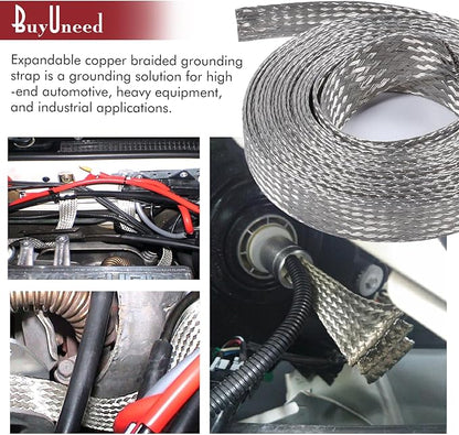 Tinned Copper Metal Braid Sleeving Wire Shielding Sleeve Braided Copper Ground Straps EMI/RFI Interference Expandable Flat Mesh Shielding Cable for Protect Wire (5/16inch-22ft)