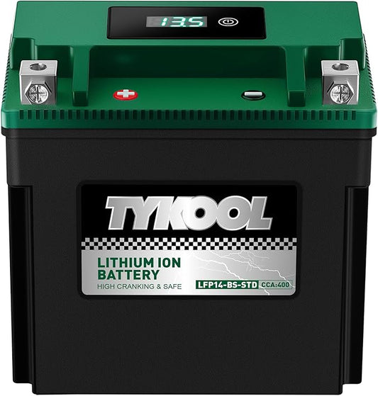 TYKOOL YTX14-BS-STD 400 CCA,Lithium LiFePO4 12v Motorcycle Battery,ATV Battery,2X Cranking Amps,Digital Readout for SOC,Comptitable for ATV,Piaggio Scooter,Honda UTV,Yamaha Snowmobile