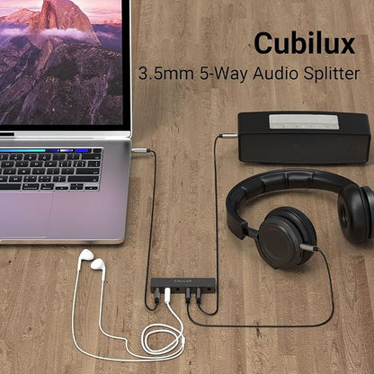 Cubilux Professional 5-Way 3.5mm AUX Splitter, Aluminum Case 5-Channel 1/8” Stereo Headphone Splitter, Multi-Port TRS Audio Share/Split Box/HUB for Speaker Earphones Laptop PC Smartphone Tablet
