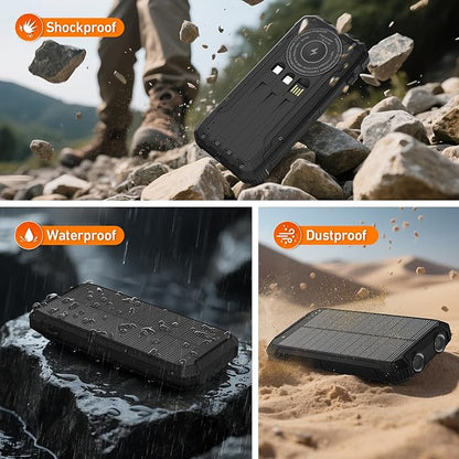 Solar Power Bank 20000mAh Wireless Portable Charger Built-in 3 Cables 15W USB-C Fast Charging Battery Pack Compatible with iPhone, Samsung, iPad, Emergency LED Flashlights Perfect for Camping, Hiking