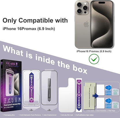 2 Pack Screen Protector for iPhone 16 Pro Max, 9H Tempered Glass, Full Coverage, Anti-Fingerprint, Auto Dust-Elimination, No Bubble, Easy Installation