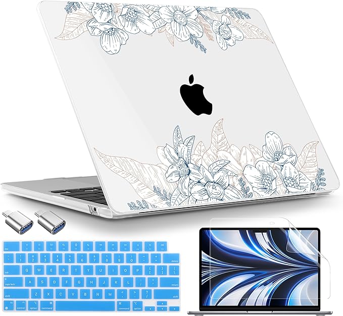 TWOLSKOO Compatible with M4 MacBook Air 13.6 inch Case 2025-2022 Release M4 A3240 M3 A3113 M2 A2681, Plastic Hard Shell & Keyboard Cover & Type C Adapter & Screen Protector, Engraved Sketch