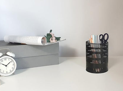 Metal Mesh Pen Pencil Cup Holder Stand Office Desk Organizer Stationery Caddy Makeup Brush Holder, Black (Large)