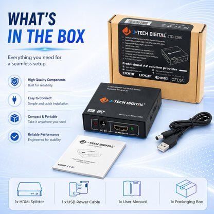 4K@60 HDMI Splitter 1 in 2 out 1X2 Powered Splitter for Dual Monitors by J-Tech Digital [JTD-MINI-1X2SP]