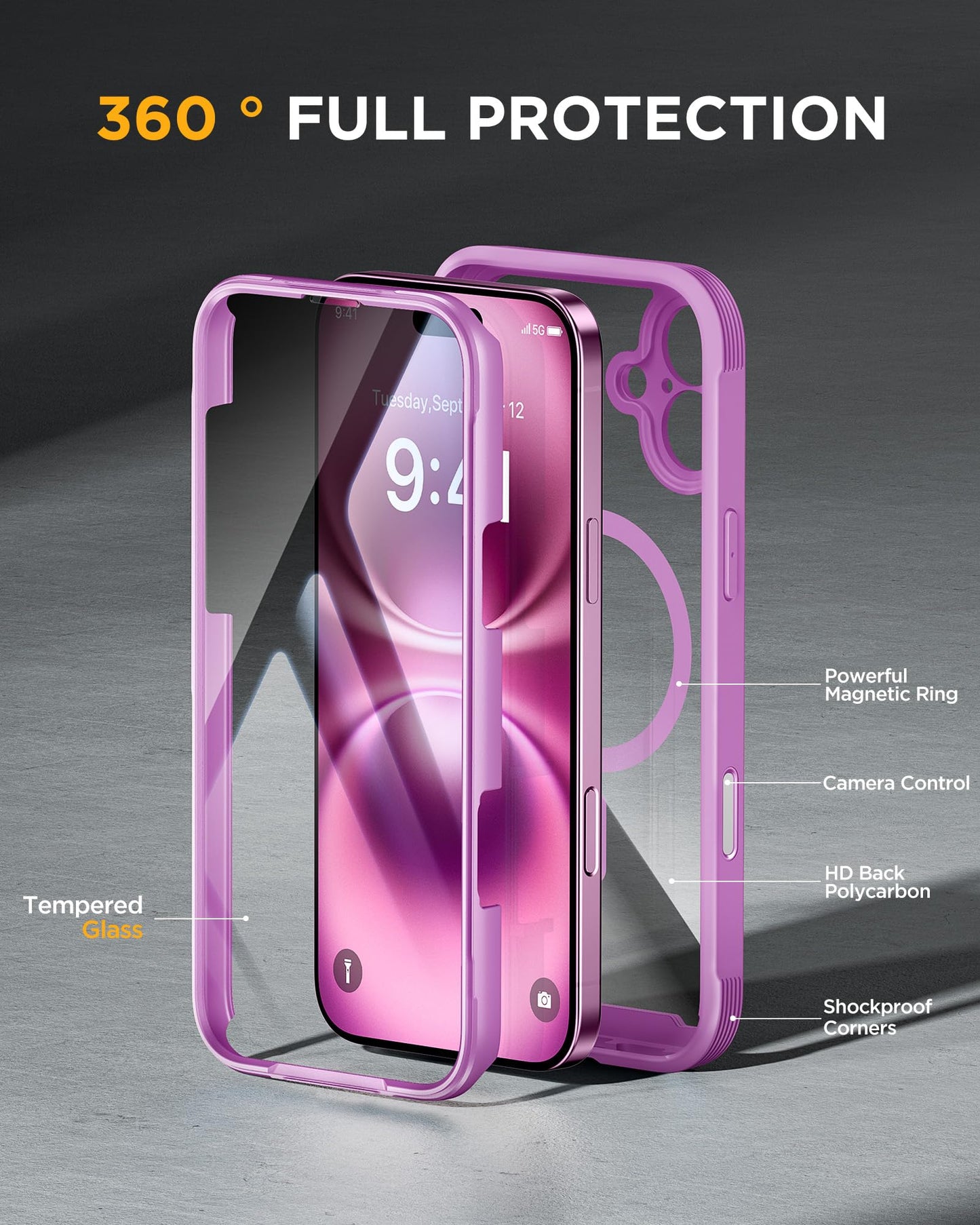 Miracase Magnetic for iPhone 16 Plus Case Full-Body Phone with Built-in Glass Screen Protector, [Compatible with MagSafe] Military Drop Proof 16 Plus Cover Bumper 6.7 inch, Pink