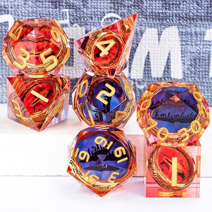 Magic Golden Ring DND Dice Set Sharp Edge Red Gaze Eye Resin Dice with Box, for use with RPG D&D Tabletop Games Lord D and D Polyhedral Dice Set