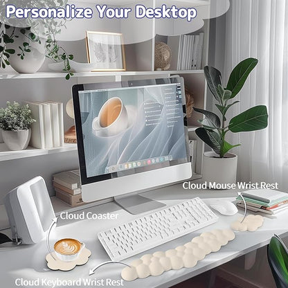 Cloud Wrist Rest for Keyboard and Mouse, Memory Foam PU Leather Keyboard Wrist Rest with Ergonomic Support, Non-Slip Base, Cute Arm Rest Pad & Palm Cushion, Office Desk Accessory, Beige