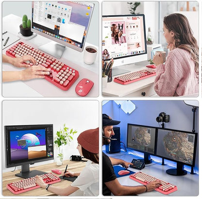 Wireless Keyboard and Mouse Combo, 104 Round Keys Cute Colorful Keyboard and Mouse with Retro Typewriter for PC/Mac/Laptop/Tablet/Computer/Windows Rose