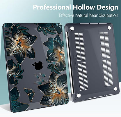 TWOLSKOO Compatible with MacBook Pro 13 inch Case 2023-2016 A2338 M2/M1 A2251 A2289 A2159 A1989 A1706, Plastic Hard Shell Cover & Keyboard Skin & Screen Protector - Golden Lilies