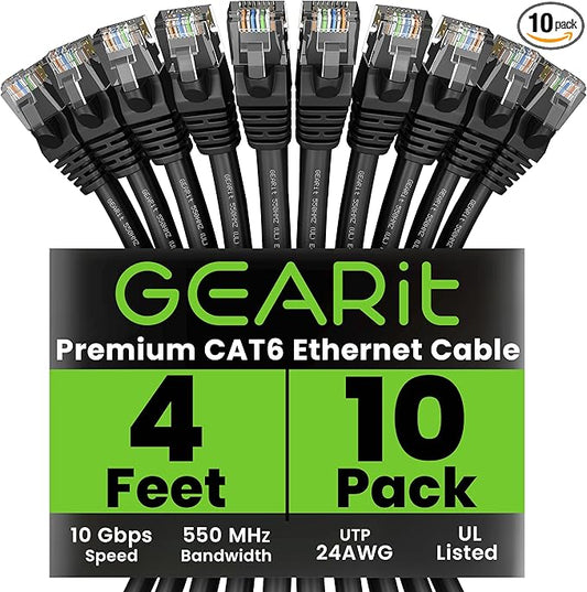 GEARit Cat 6 Ethernet Patch Cable 4 ft Black (10 Pack) Cat6 Patch Cables 4ft Black/Ethernet Patch Cable, 10Gbps 550MHz 24AWG Pure Copper, Snagless, Gold Plated RJ45 for Router, Server, Router, PC