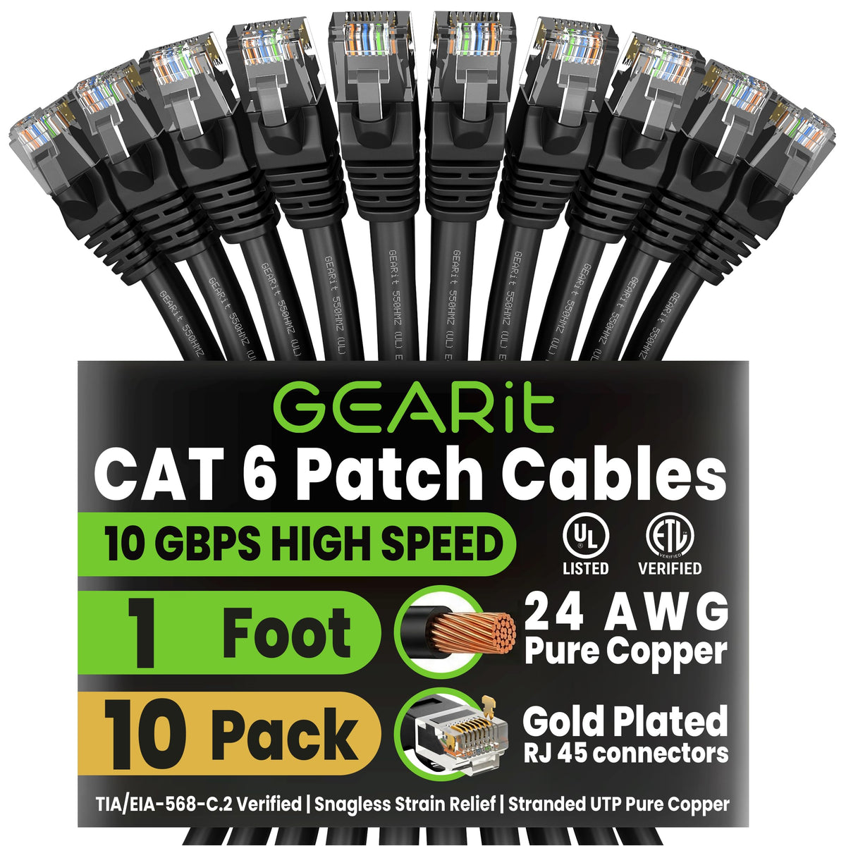 GEARit Cat6 Patch Cables Cat 6 Ethernet Cable 6 ft 10-Pack Green