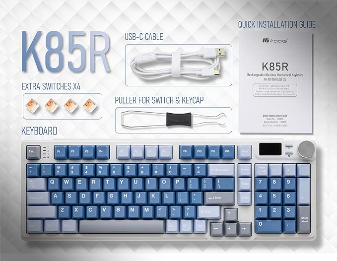 iRocks K85R Wireless RGB Backlit Mechanical Gaming Keyboard with LCD Display, Hot-Swappable Pre-lubed Switches, 98 PBT Keys, USB-C Detachable Cable (Aurora Blue, Silent Bubble Switch)