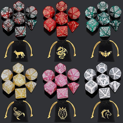 CiaraQ Polyhedral Dice Set, 6 Colors with 6 Decorative Pouches, 7 Pieces per Set, Fantasy RPG Gaming Dice/DND Dice/Role Playing Dice, Christmas Themed