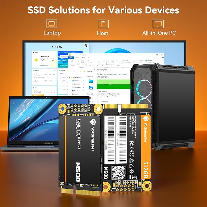 Yottamaster M500 512GB mSATA SSD SATA III 6Gb/s, mSATA Internal Solid State Drive Up to 500MB/s, Mini-SATA with 3D NAND, Compatible with Ultrabooks Desktop PC Laptop, All-in-One PCs, 30x50mm