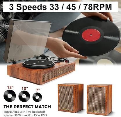 Vinyl Record Player with External Speakers, 3 Speed Bluetooth Turntable for Vinyl Records, Vintage Belt Drive Record Player with Stereo Speakers and Auto Stop, RCA Audio Out and Aux-in,Light Wood