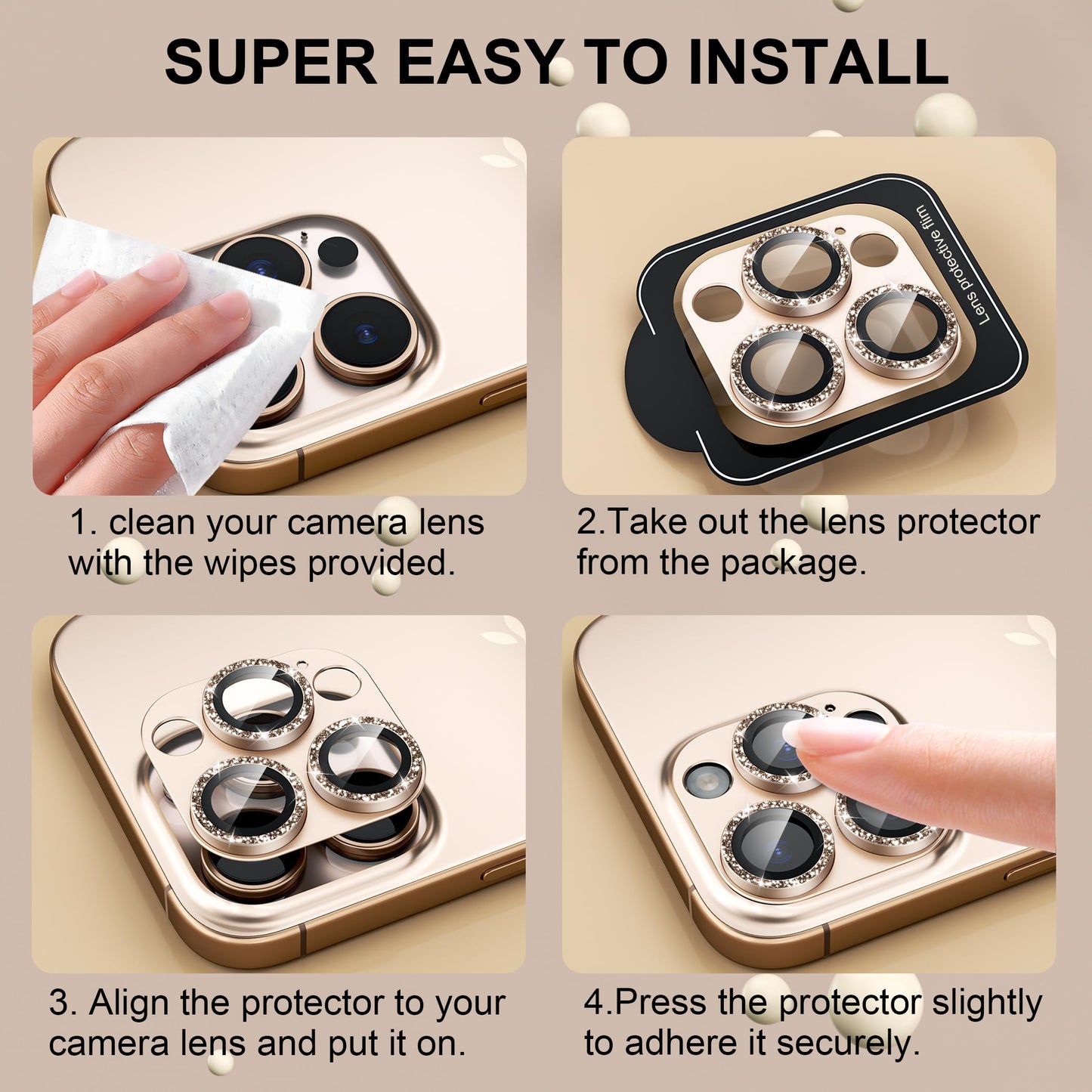 beuxece Compatible for iPhone 16 Pro/iPhone 16 Pro Max Camera Lens Protector, Bling Metal Tempered Glass Camera Screen Cover Accessories [Strong Adsorption][Case-Friendly]- Glitter Titanium Desert