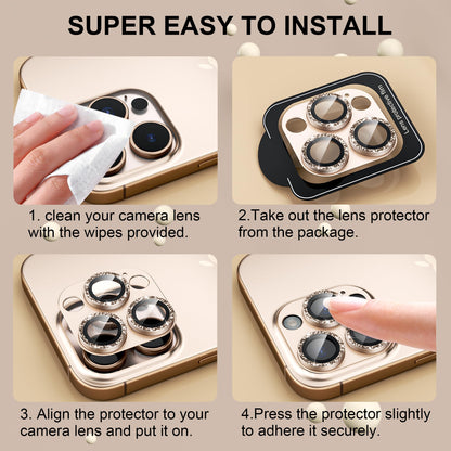 beuxece Compatible for iPhone 16 Pro/iPhone 16 Pro Max Camera Lens Protector, Bling Metal Tempered Glass Camera Screen Cover Accessories [Strong Adsorption][Case-Friendly]- Glitter Titanium Desert