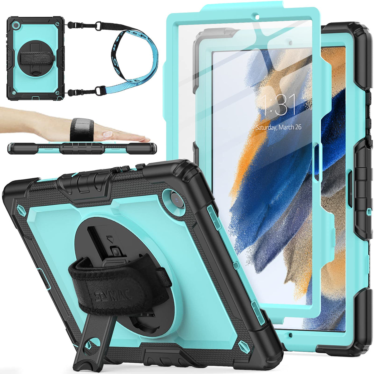 SEYMAC stock Case for Samsung Galaxy Tab A11+ Plus/A9+ Plus 11'', Full-Body Drop Protection Case with Screen Protector Pencil Holder [360° Rotating Hand Strap] &Stand, Purple+Colorful