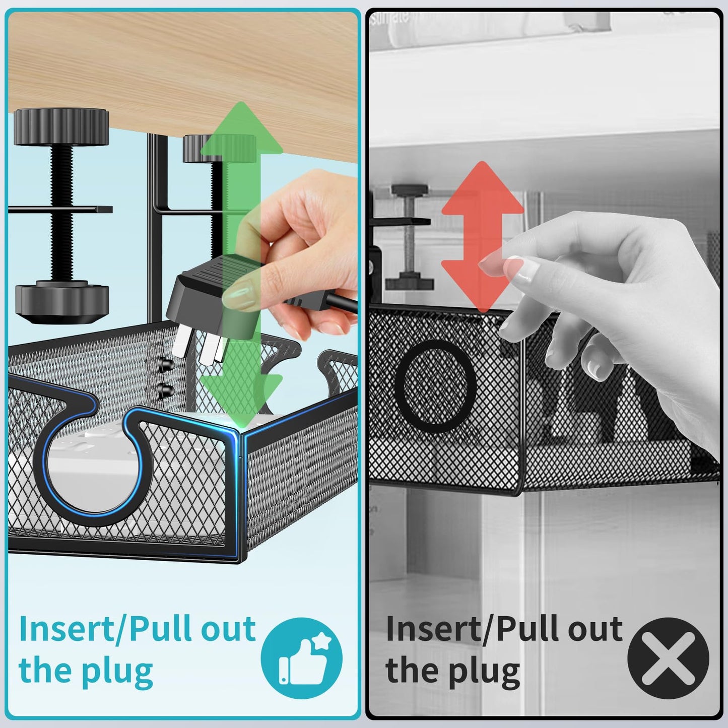 Under Desk Cable Management Tray Black, No Drill Desk Cable Management Organizer with Clamp for Desk Wire Management, PC Cord Organizer Accessories & Workspace Organizers for Office, Home(2 Pack)