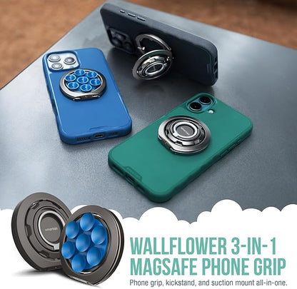 Smartish® MagSafe Suction Mount - WallFlower - 3 in 1 Reversible Magnetic Phone Grip Finger Loop, Suction Mount, Kickstand w/Universal MagSafe Adapter Kit for Apple iPhone - Blues on The Green