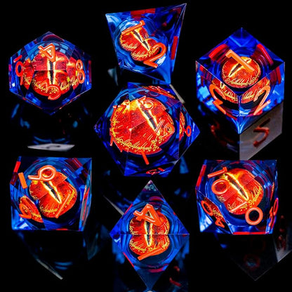 ARUOHHA DND Resin Dice Gazes Eye Dice Blue Red Liquid Core Flaming RPG Sharp Edged Dice Set with Gift Box, Polyhedral D and D Dice Set Compatible with Dungeons Dragons Role Playing Game D20 D6